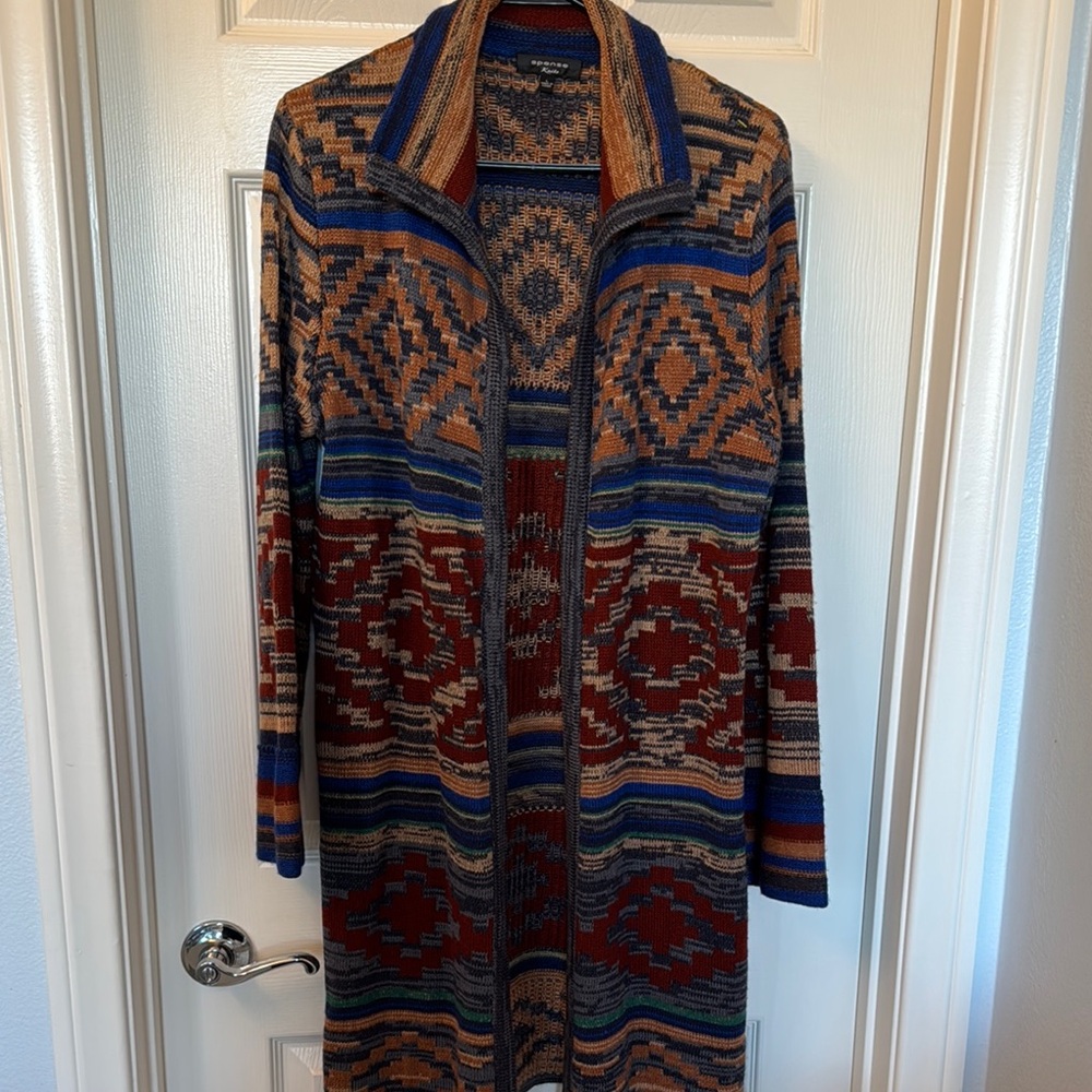 Spence Knits Colorful Geometric Patterned Long Cardigan